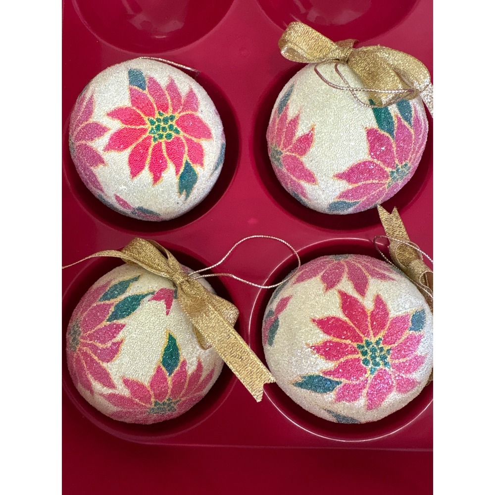 Vintage Style Pink Poinsettia Christmas Ornaments Set of 4 Glitter Gold Bows
